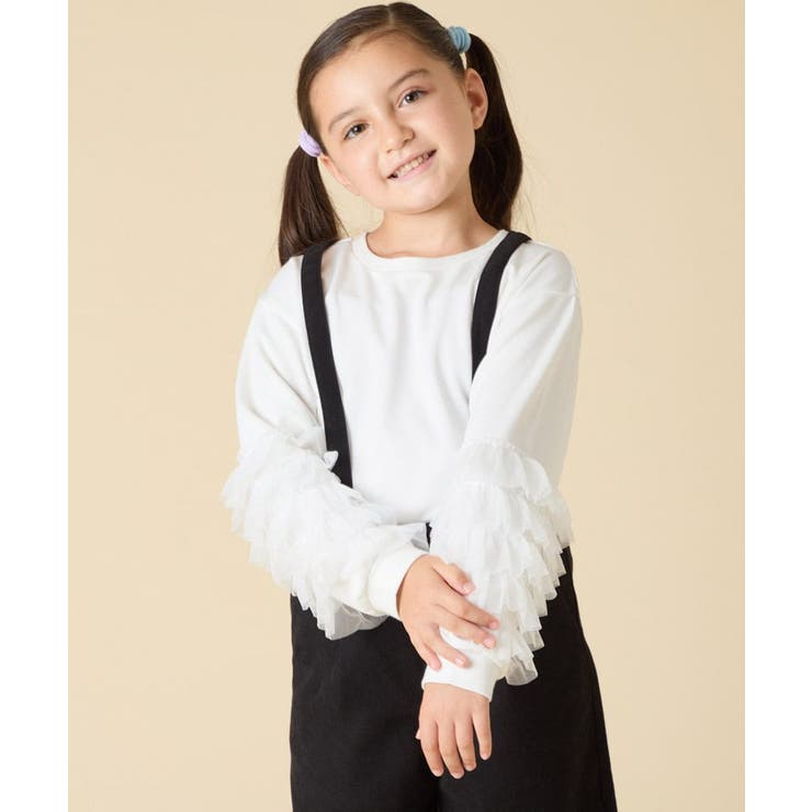 ホワイト | [130-160]チュールスリーブポンチカットソー | a.v.v【KIDS】