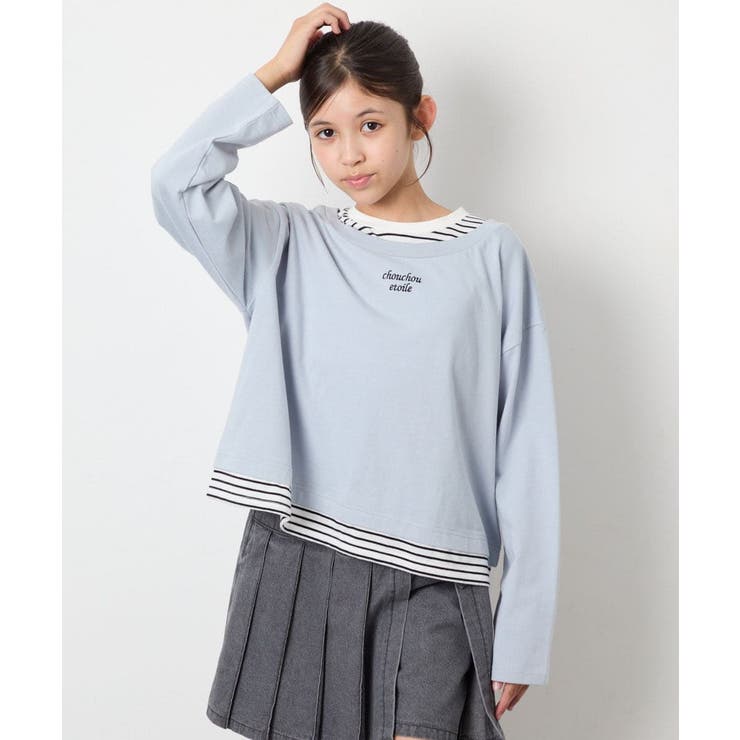 [140-160]ボーダーレイヤード風ロングTシャツ | a.v.v【KIDS】 | 詳細画像2 
