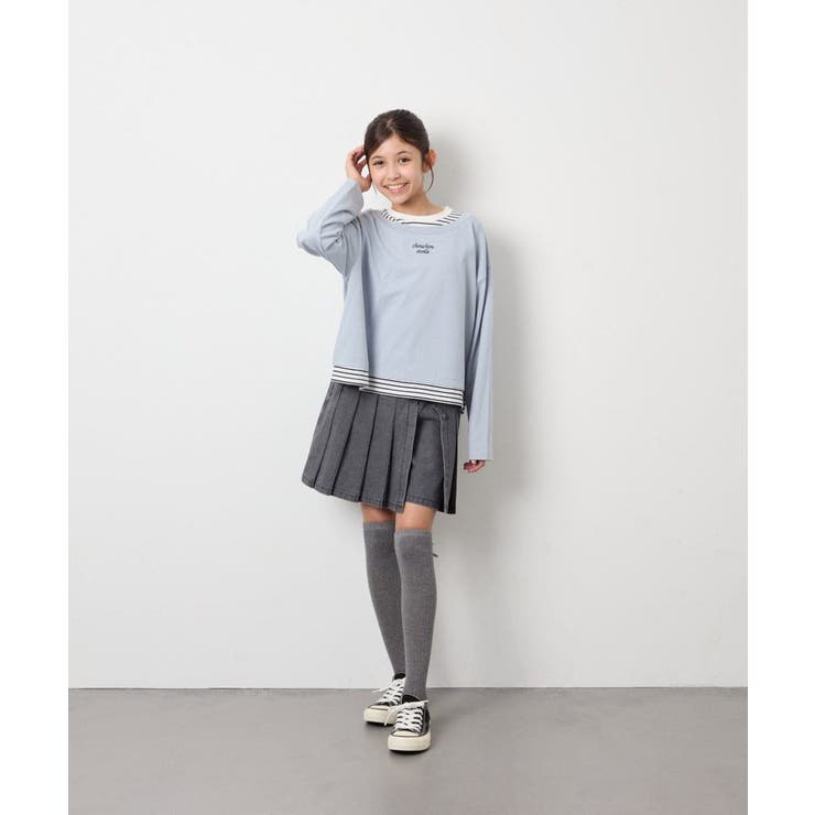 [140-160]ボーダーレイヤード風ロングTシャツ | a.v.v【KIDS】 | 詳細画像5 
