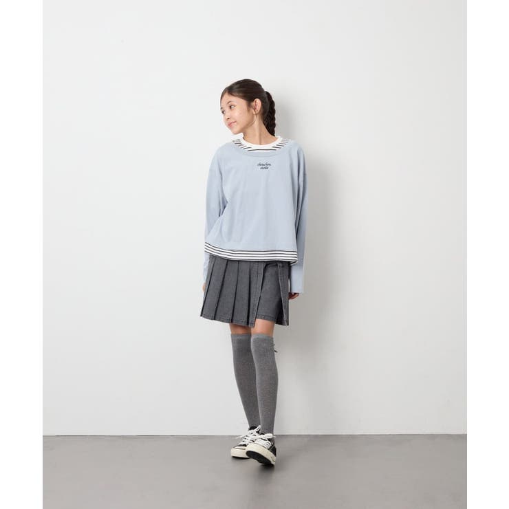 [140-160]ボーダーレイヤード風ロングTシャツ | a.v.v【KIDS】 | 詳細画像7 
