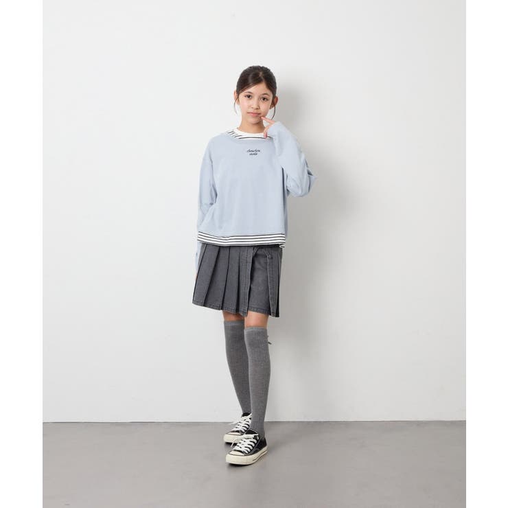 [140-160]ボーダーレイヤード風ロングTシャツ | a.v.v【KIDS】 | 詳細画像8 