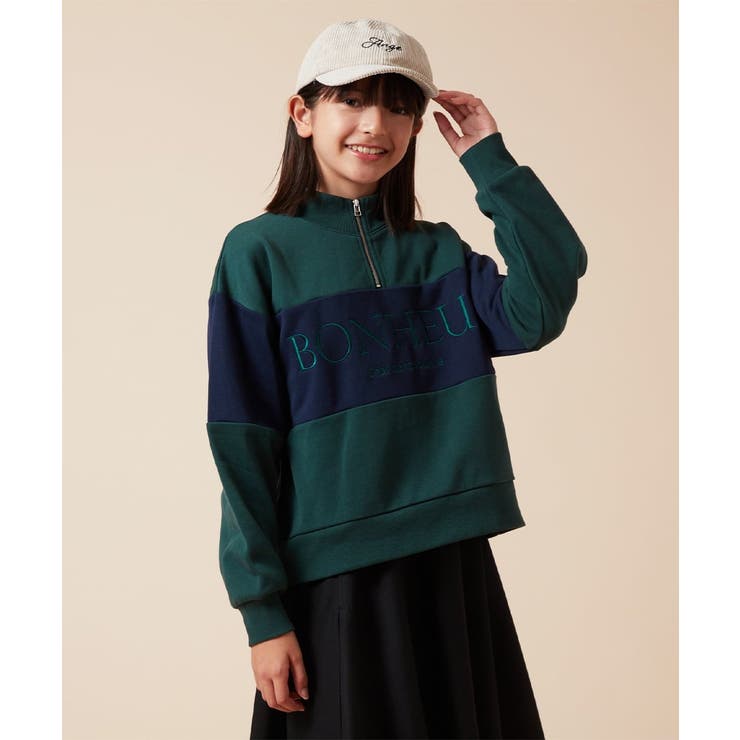 グリーン | [140-150]ハーフジップ配色ロゴスウェット | a.v.v【KIDS】