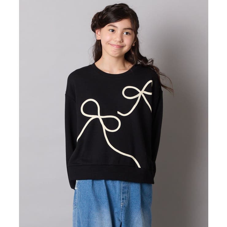 ブラック | [120 160]【立体リボンがカワイイ 通学にもオススメ】リボンテープ裏毛トレ… | a.v.v【KIDS】