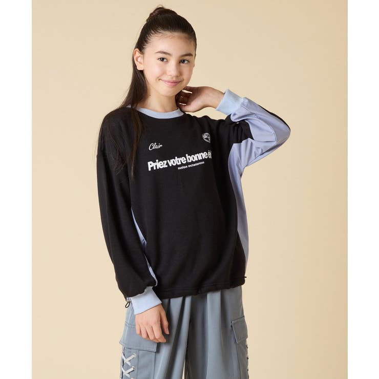 ブラック | [130-160]【切り替えバイカラー/スポーティ】配色切り替えロゴトレーナー | a.v.v【KIDS】