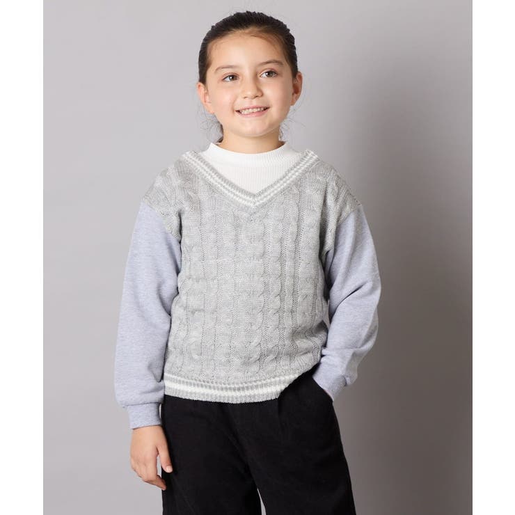 [120-160]配色ラインケーブルニットドッキングトレーナー | a.v.v【KIDS】 | 詳細画像1 