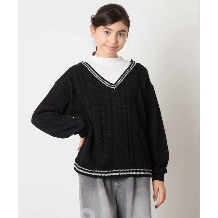 ブラック | [120-160]配色ラインケーブルニットドッキングトレーナー | a.v.v【KIDS】