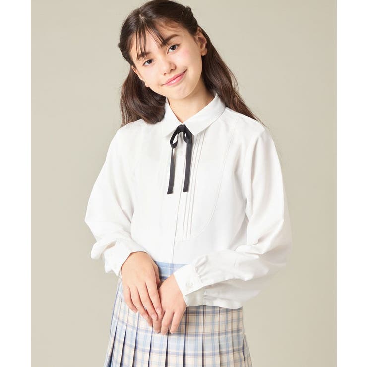 ホワイト | [150-160]【卒服/シワになりにくい】リボンタイ付きピンタックブラウス | a.v.v【KIDS】