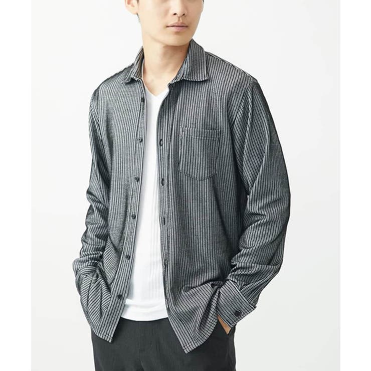 大きいサイズあり】ストライプジャージシャツ[品番:ITKW0018916 大きいサイズあり】ストライプジャージシャツ[品番:ITKW0018916