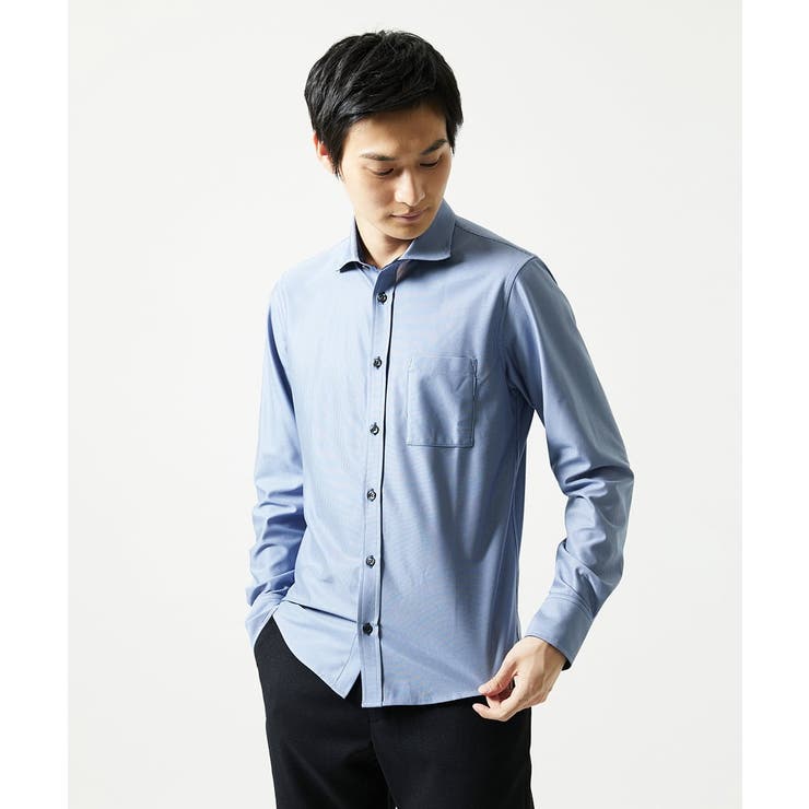 ブルー | 【洗濯機洗いOK/ストレッチ/ビジネス対応】アクティブセッター千鳥柄長袖シャツ | MK MICHEL KLEIN homme