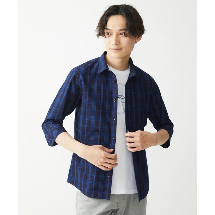 【大きいサイズあり】七分袖シャツ/インディゴタイプライターチェック | MK MICHEL KLEIN homme | 詳細画像16 