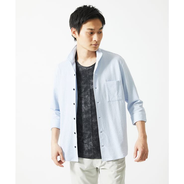 【７分袖/洗える】スタンドカラーシャツ / ストライプサッカー  | MK MICHEL KLEIN homme | 詳細画像3 