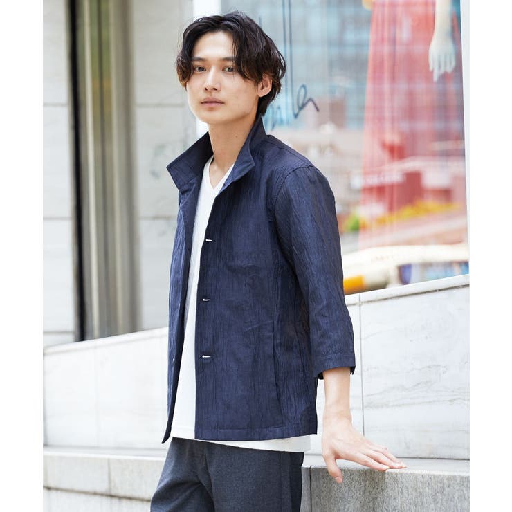 ネイビー(58) | スタンドカラージャケット  / リネンワッシャー七分袖 | MK MICHEL KLEIN homme