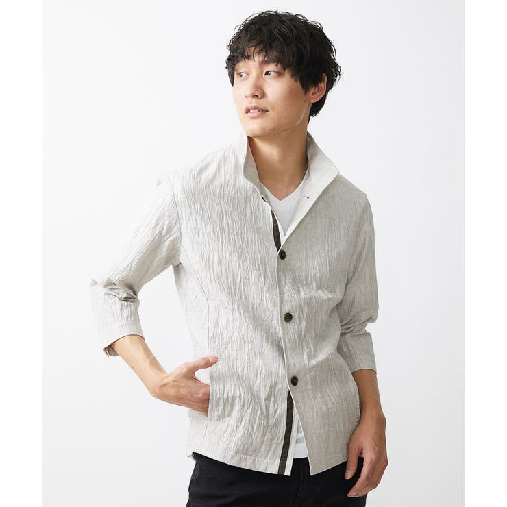 大きいサイズあり】スタンドカラーシャツ/リネンワッシャー[品番