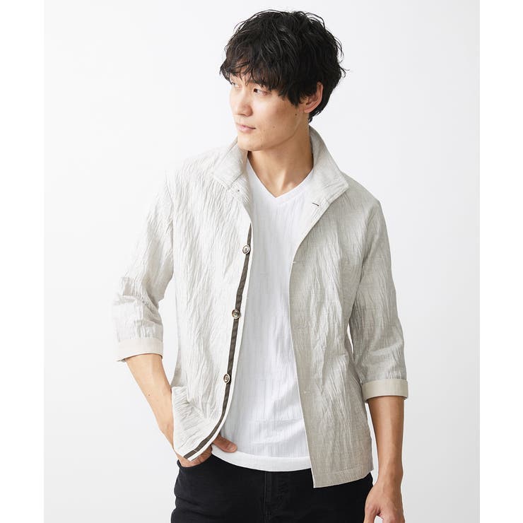 大きいサイズあり】スタンドカラーシャツ/リネンワッシャー[品番