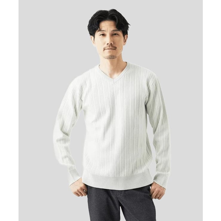 【Vネック/洗濯機で洗える】ランダムタック ストライプニット | MK MICHEL KLEIN homme | 詳細画像1 