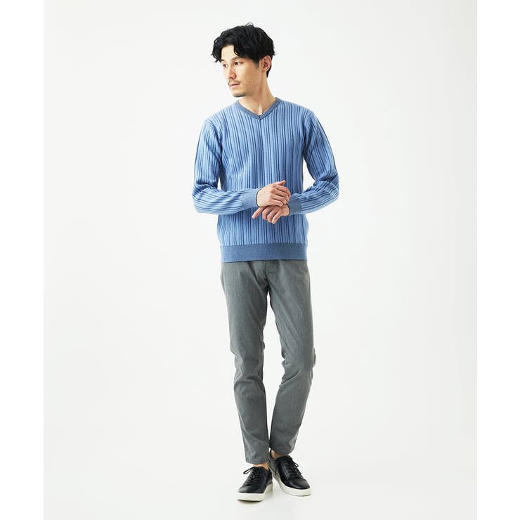 【Vネック/洗濯機で洗える】ランダムタック ストライプニット | MK MICHEL KLEIN homme | 詳細画像2 