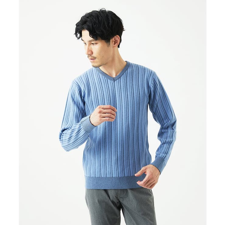 ライトブルー | 【Vネック/洗濯機で洗える】ランダムタック ストライプニット | MK MICHEL KLEIN homme