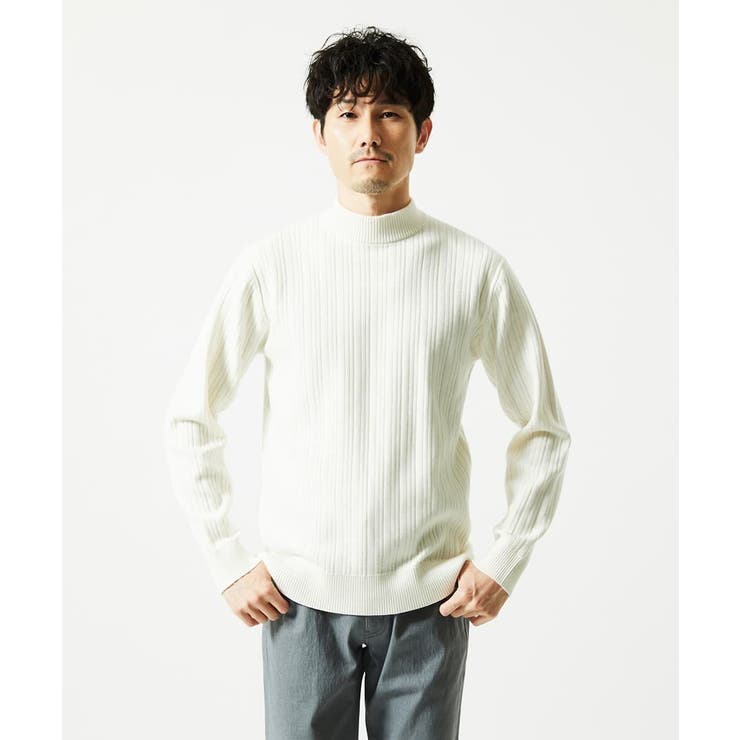 ホワイト | 【洗濯機で洗える】モックネックニット / ランダムタックストライプ | MK MICHEL KLEIN homme