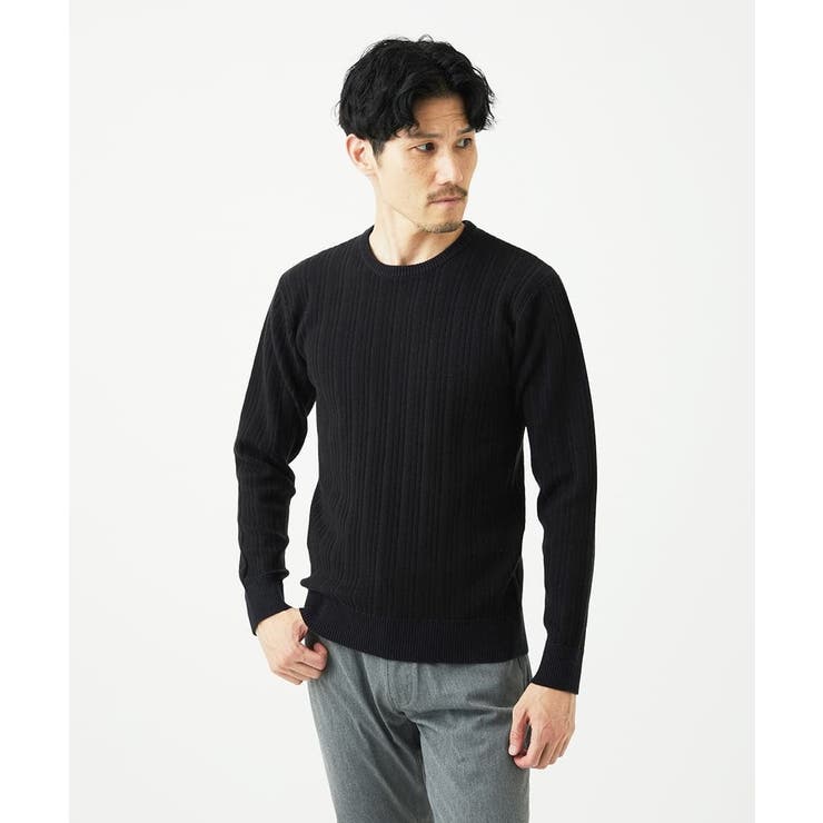 ネイビー | 【クルーネック/洗濯機で洗える】ランダムタックストライプクルーネックニット | MK MICHEL KLEIN homme