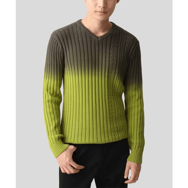カーキ | Vネックニット グラデーションケーブル | MK MICHEL KLEIN homme