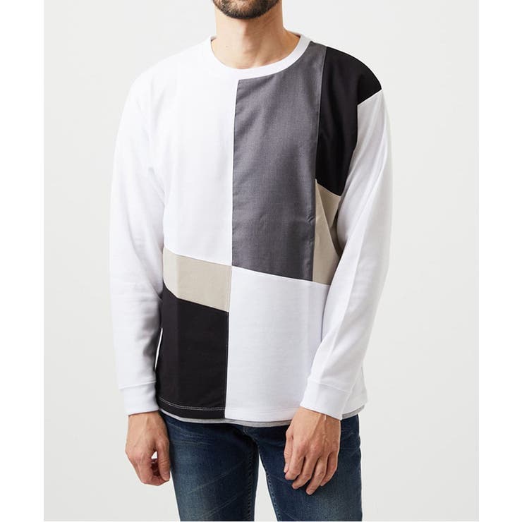 ホワイト | 【ゆったりサイズ】ブロック切り替え長袖カットソー | MK MICHEL KLEIN homme