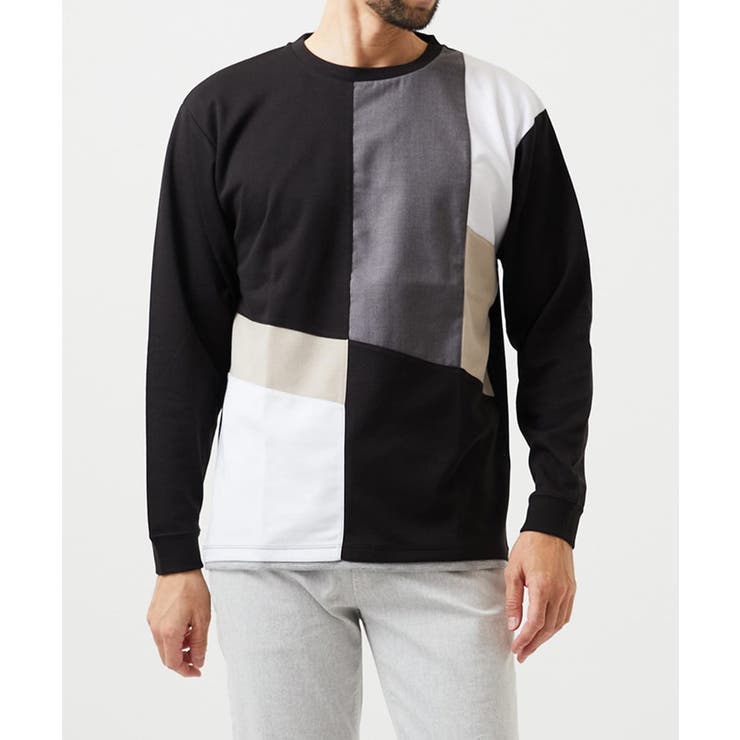 ブラック | 【ゆったりサイズ】ブロック切り替え長袖カットソー | MK MICHEL KLEIN homme