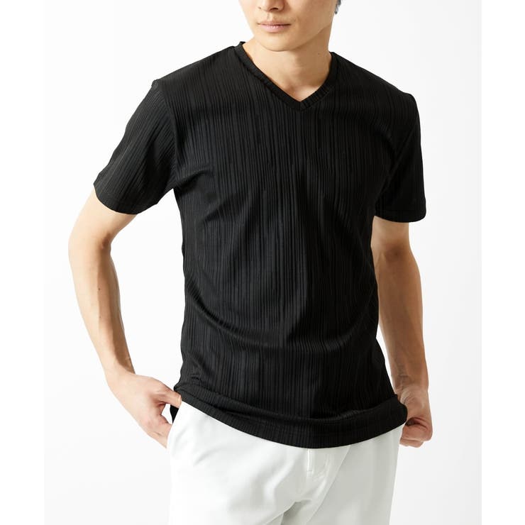 ブラック(94) | ストライプ柄VネックTシャツ | MK MICHEL KLEIN homme