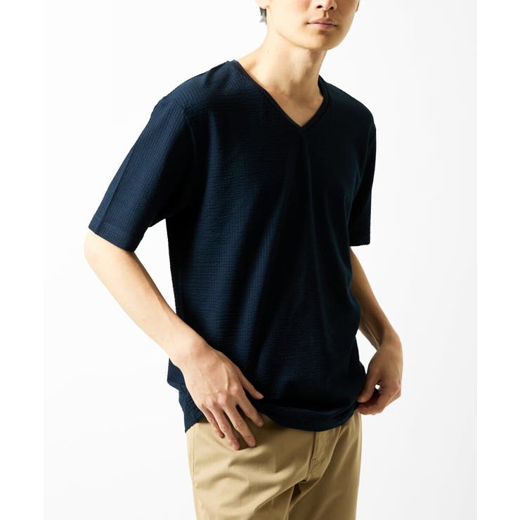 ネイビー | 【洗える・サッカー素材】Vネックカットソー | MK MICHEL KLEIN homme