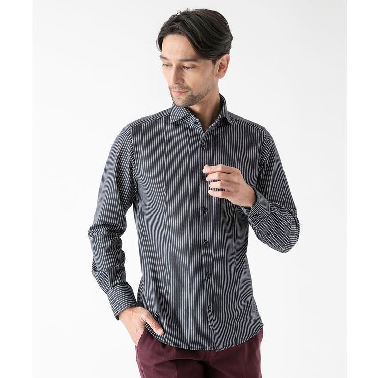 ネイビー | 《日本製》ストライプ柄ジャージ長袖シャツ | MICHEL KLEIN HOMME