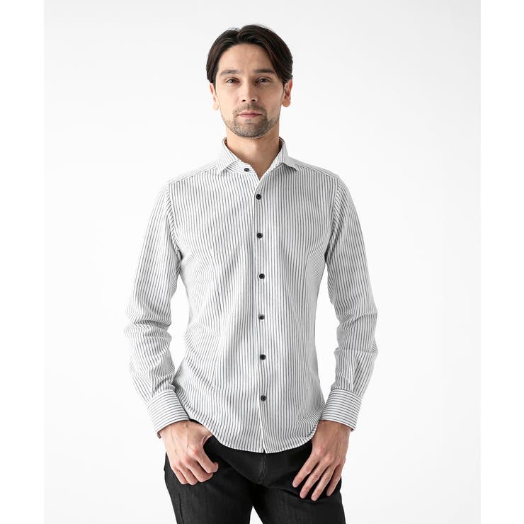 ホワイト | 《日本製》ストライプ柄ジャージ長袖シャツ | MICHEL KLEIN HOMME