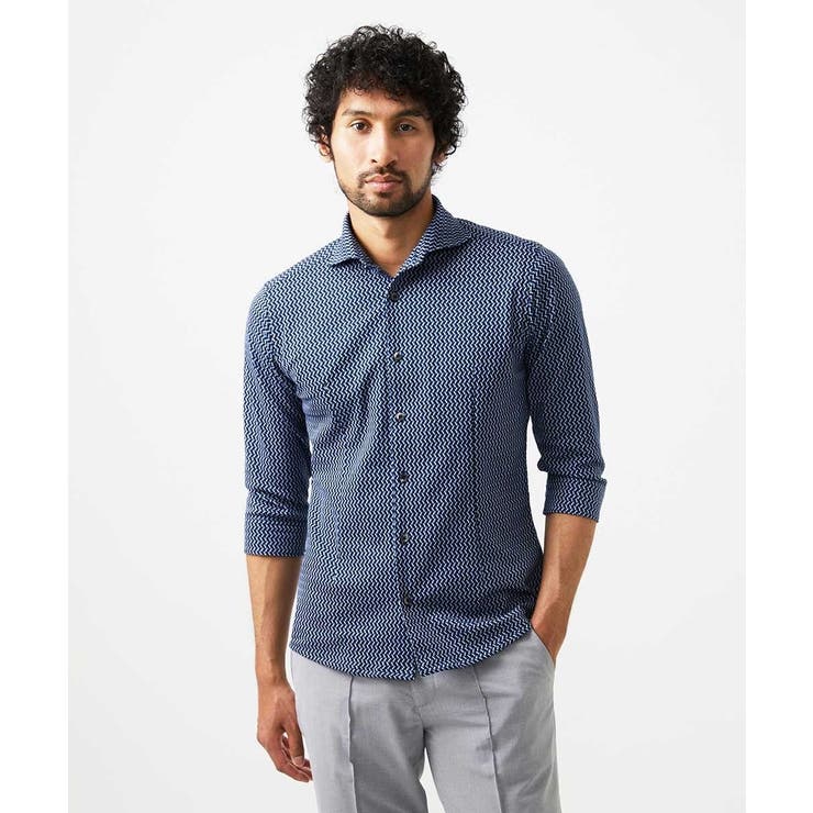 ネイビー | 《日本製》ストレッチラッセル七分袖シャツ | MICHEL KLEIN HOMME