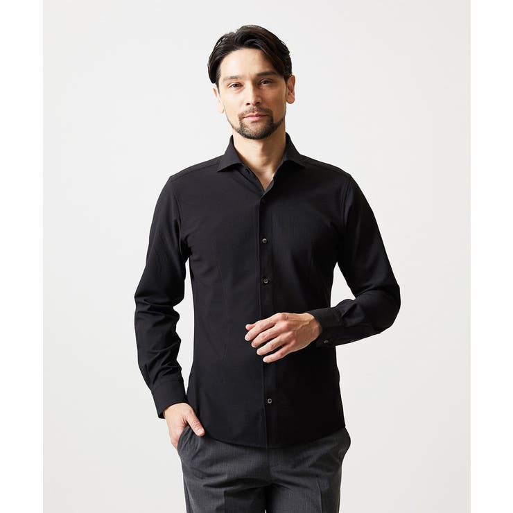 ブラック | ストレッチサッカー長袖シャツ | MICHEL KLEIN HOMME