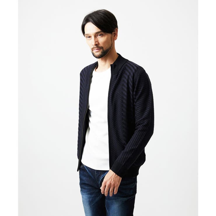 ネイビー | グラデーションスタンドカラーニットブルゾン | MICHEL KLEIN HOMME