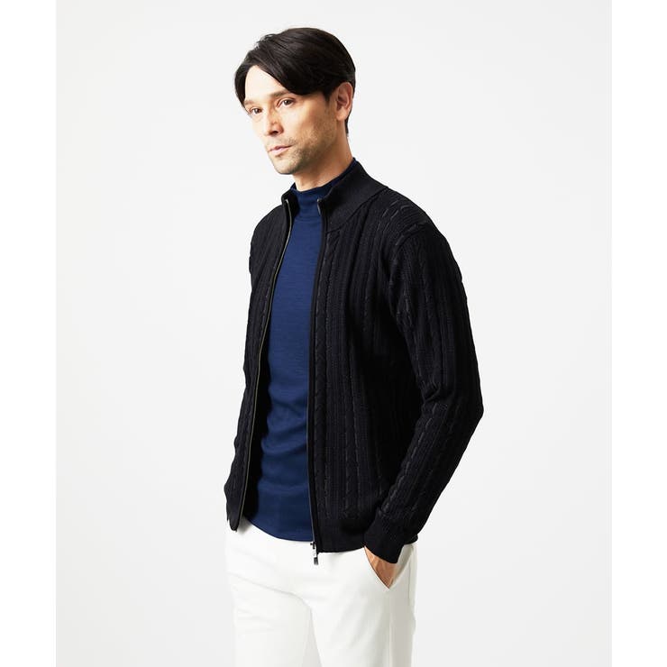 ブラック | 編み込みスタンドカラーニットブルゾン | MICHEL KLEIN HOMME