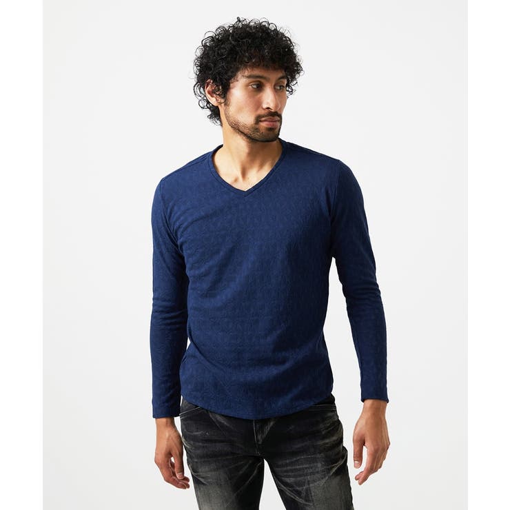 ネイビー | 《日本製》リンクスVネック長袖カットソー | MICHEL KLEIN HOMME