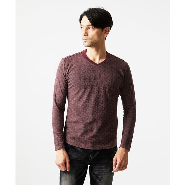 レッド | 《日本製》レンガ柄Vネック長袖カットソー | MICHEL KLEIN HOMME