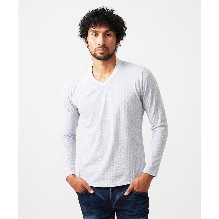 ライトグレー | 《日本製》レンガ柄Vネック長袖カットソー | MICHEL KLEIN HOMME