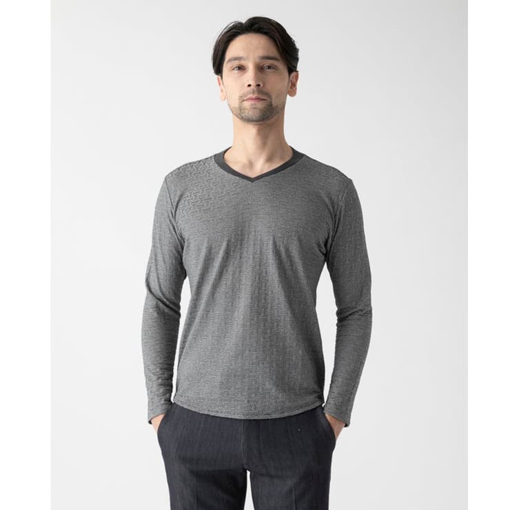 ダークグレー | 《日本製》レンガ柄Vネック長袖カットソー | MICHEL KLEIN HOMME