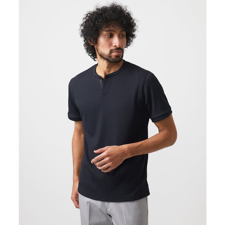 ブラック | 《日本製》キーネック半袖カットソー | MICHEL KLEIN HOMME