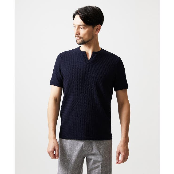 ネイビー | キーネックウェーブ半袖カットソー | MICHEL KLEIN HOMME