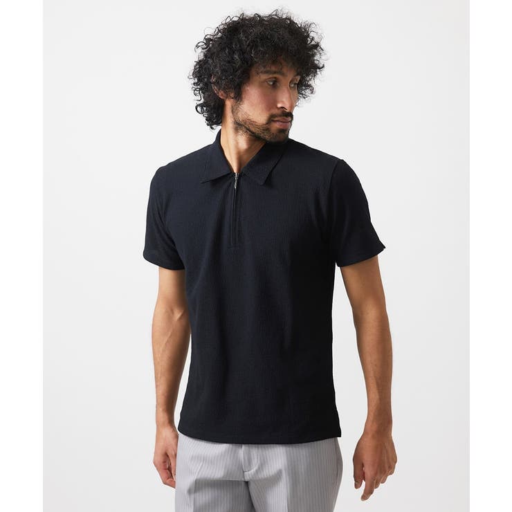 ブラック | 《日本製》モザイク柄ジップアップポロシャツ | MICHEL KLEIN HOMME