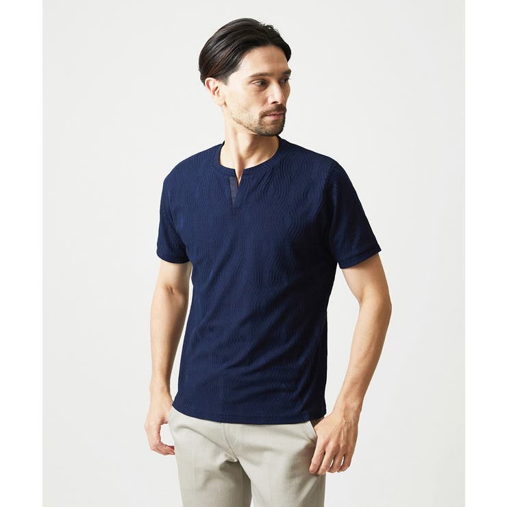 ネイビー | 《日本製》スモーク柄キーネック半袖カットソー | MICHEL KLEIN HOMME