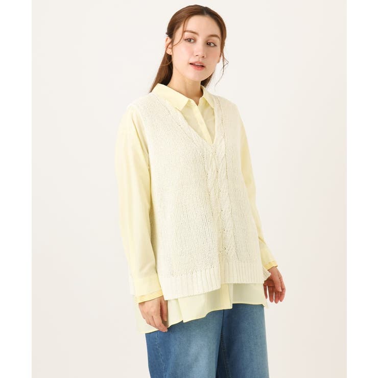 ライトイエロー(20) | 【大きいサイズ】レイヤード風ドロップショルダーシャツ | eur3