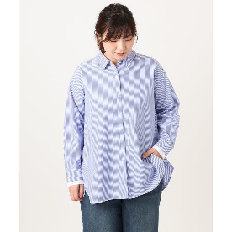 ブルー(55) | 【大きいサイズ】レイヤード風ドロップショルダーシャツ | eur3