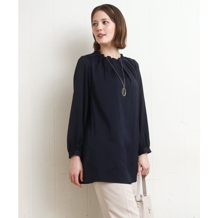 ネイビー(57) | 【大きいサイズ/11号サイズあり】タックネックサテンブラウス | eur3