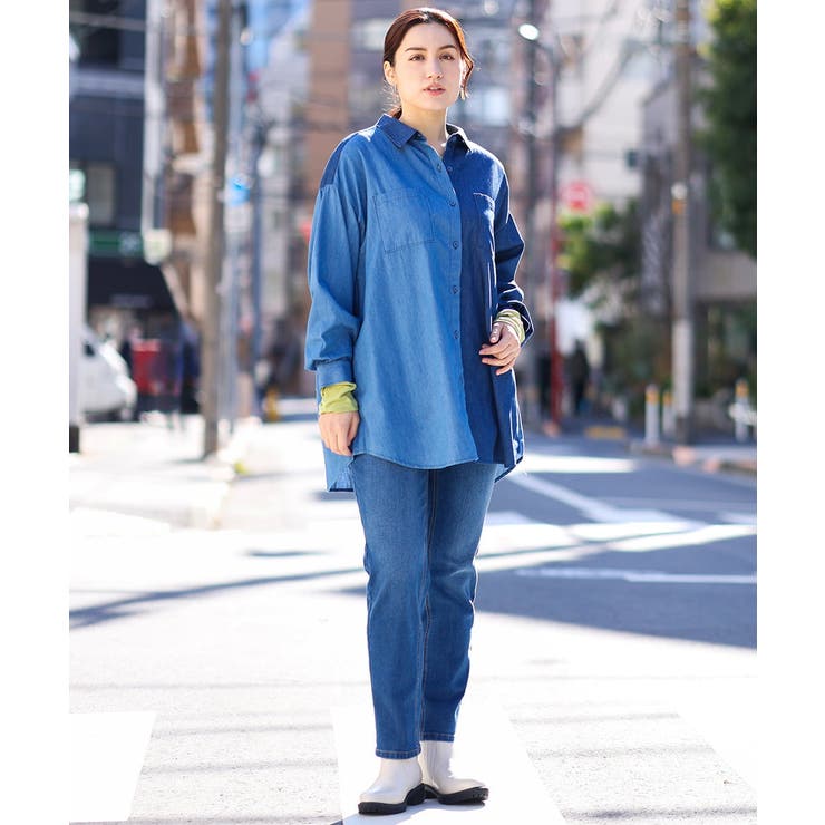 【大きいサイズ/11号サイズあり】パッチワーク風デニムシャツ eur3｜【大きいサイズ/11号サイズあり】2WAYパッチワーク風