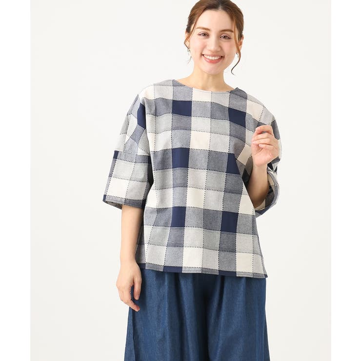 ネイビー(57) | 【大きいサイズ】パッチワーク風コットンブラウス | eur3