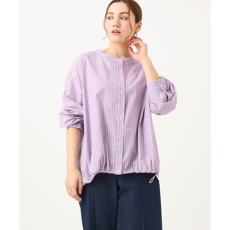 ラベンダー(60) | 【大きいサイズ】バンドカラーラメストライプシャツ | eur3