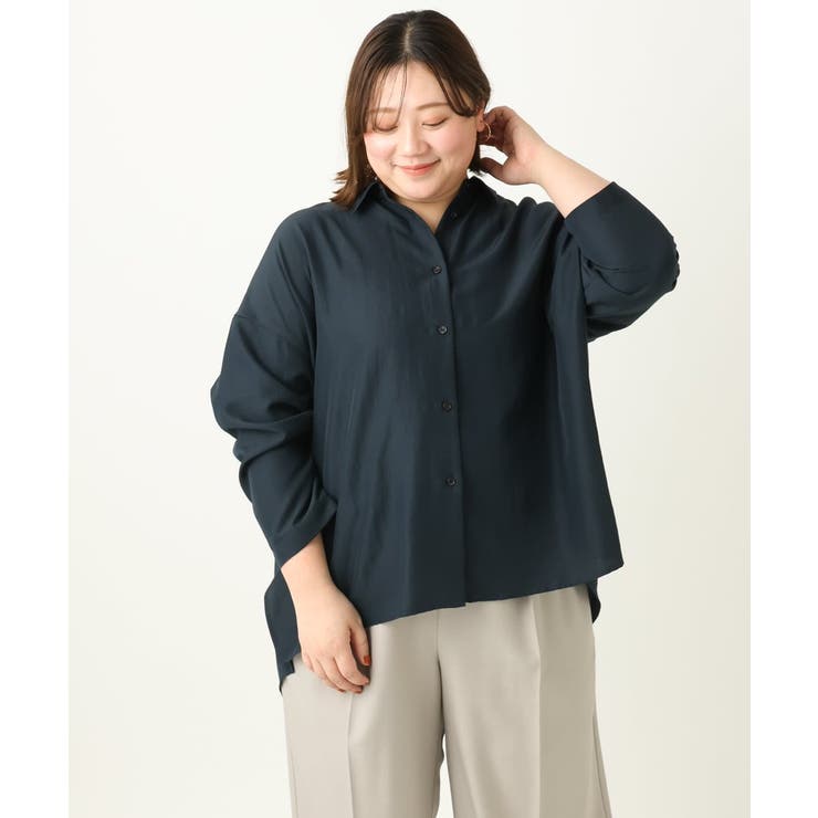 ネイビー(57) | 【大きいサイズ】フィブリルサテンドロップショルダーシャツ | eur3