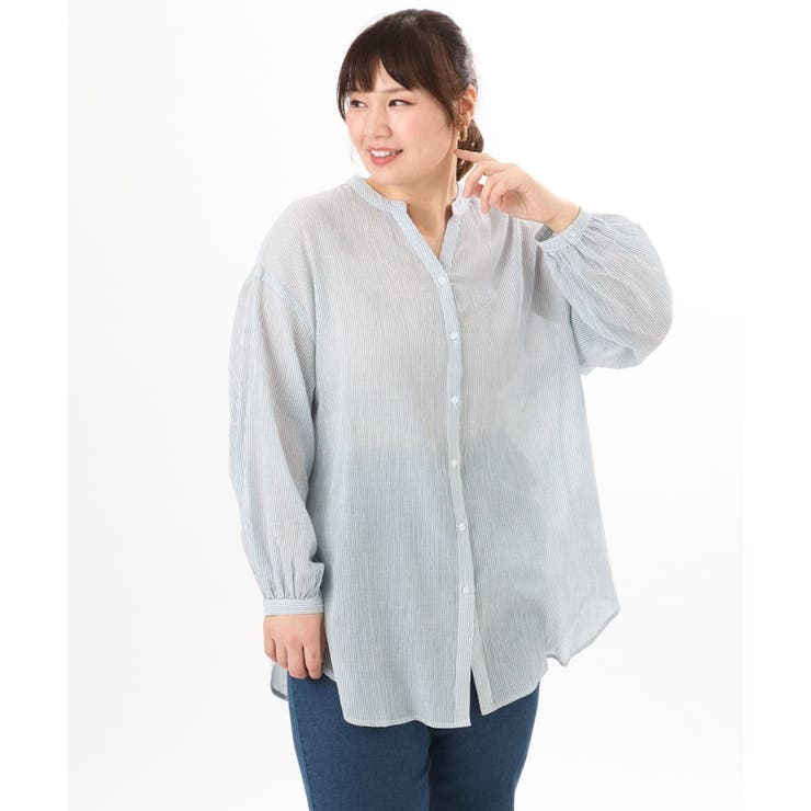 ブルー(ストライプ） | 【大きいサイズ】バンドカラーコットンブラウス | eur3